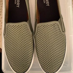 Olive leather top slip on sneakers